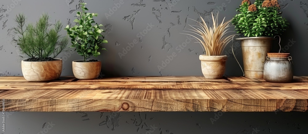 Poster arranged on a rustic wooden shelf are three green plants thriving in pots of various shapes and size