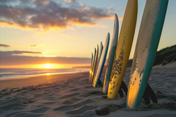 A row of surfboards lined up on a beach at sunset - obrazy, fototapety, plakaty