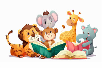 cartoon characters cute animals reading books white background