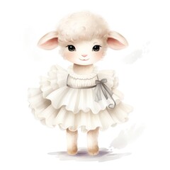 Cute little lamb in a white tutu. Watercolor illustration