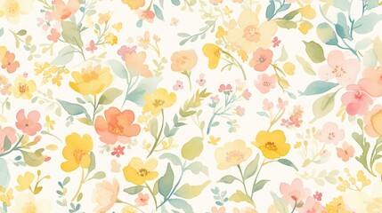 Delicate watercolor floral design pattern featuring a vibrant blend of yellow pink and green hues