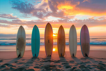 A row of surfboards lined up on a beach at sunset - obrazy, fototapety, plakaty