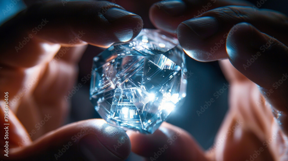 Poster a macro shot of a shiny silver piezoelectric crystal its intricate internal structure visible under 