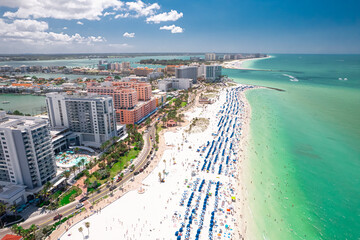 Florida. Clearwater Beach Florida. Best beaches in Florida. Panorama of city. Spring or summer vacations. Beautiful view on Hotels and Resorts on Island. Best ocean beach. Gulf of Mexico