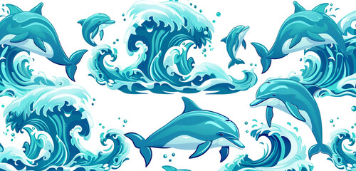 Naklejka premium Bright cerulean dolphins on white, capturing the dynamic sea's joyous nature.