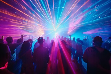 Crowd of people gathered together, standing in front of a vibrant and colorful light at a psychedelic rave in an underground venue. Generative AI