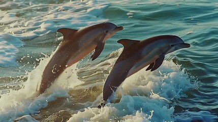 A pair of dolphins frolicking in the surf, leaping gracefully out of the water in a joyful display