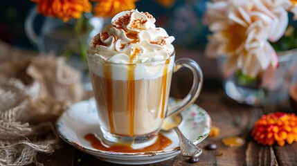 A caramel macchiato in a glass cup sits on a saucer next to a spoon. Orange flowers are in the background.

