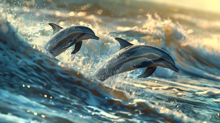 A pair of dolphins frolicking in the surf, leaping gracefully out of the water in a joyful display