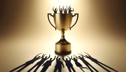 A large shiny gold trophy cup. a person cast the shadow of a business person with an arm raised in triumph on the trophy.