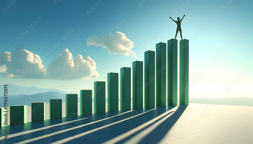 Poster a person in a moment of achievement, standing on the highest point of a sequence of ascending 3d bar