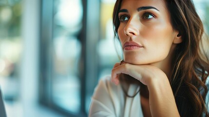 Close-up shot of a thoughtful businesswoman sitting with her laptop, her hand resting on her chin as she stares out the window,