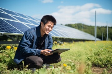 Fototapeta premium Happy Asian man works on a laptop with green energy from a solar cell while sitting in the garden under a spotlight. Generative AI.