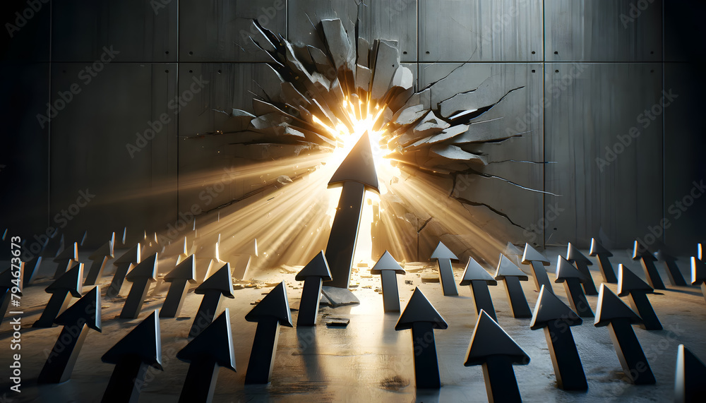 Poster a group of 3d arrows on the ground, with one arrow breaking through a barrier and continuing to glow