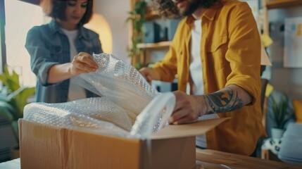 Close-up shot of two young entrepreneurs using packing materials and bubble wrap to protect fragile 