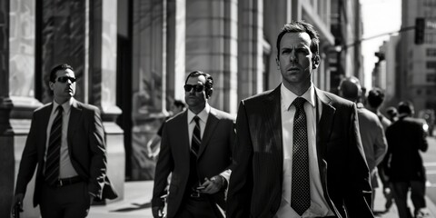 Fototapeta na wymiar Financial Professionals, gray scale, Business-suited financial experts walking down the street, engaging 
