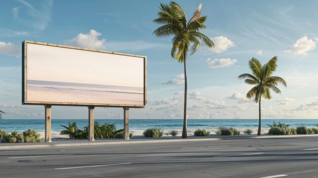 Blank mockup of a billboard advertising a fictional travel destination with a tropical beach setting .