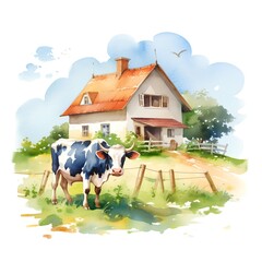 Watercolor hand drawn illustration of a farm house and a cow.