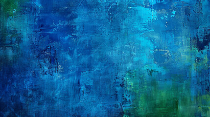 Deeply textured visual appeal in an abstract oil painting featuring royal blue and emerald green with a grunge texture.