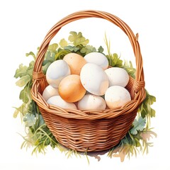 Basket with easter eggs. Watercolor illustration isolated on white background