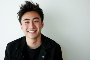 Fototapeta premium Portrait of healthy, cheerful handsome young Asian man smiling and looking at camera with white background. Happy, health and mental healthcare concept