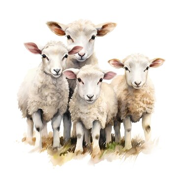 Watercolor flock of sheep isolated on white background. Hand drawn illustration