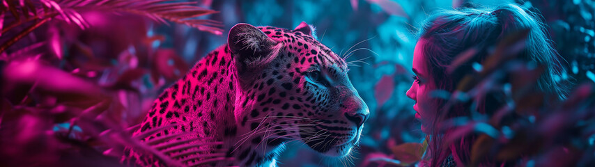 Vibrant neon colors highlight a jaguar and a girl in jungle foliage at night