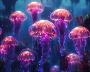 A surreal underwater world with neon-lit jellyfish,