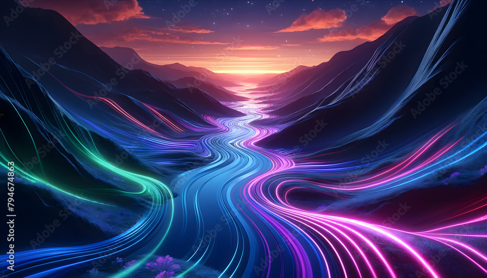 Poster a digital landscape with waves of binary code and a gradient from deep blue to lighter shades.