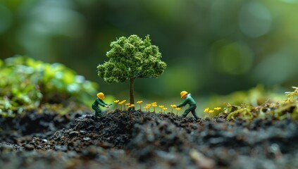 A group of miniature workers are planting trees on the ground, with green hills in the background, some little people wearing yellow helmets are planting small pine trees, eco-sustainable, business, 