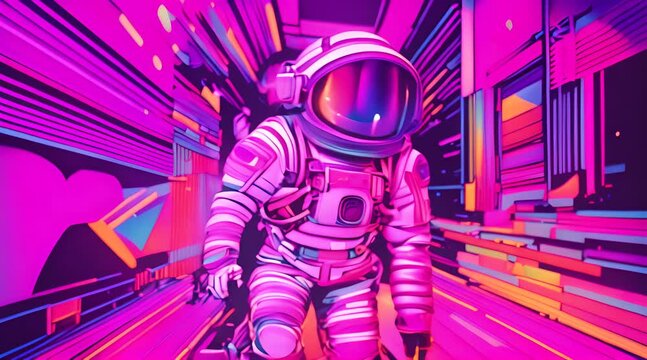 Astronaut in the fourth dimension Neon surroundings and bright stripes