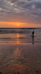 Sunset on the ocean. Surfing man
