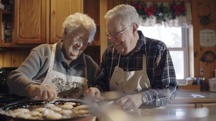Elderly couple baking cookies together, sharing a laugh in their cozy kitchen