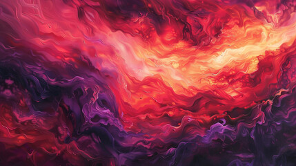 Dynamic acrylic painting with natural flow of reds and purples resembling a sunset sky.