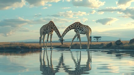 A pair of giraffes gracefully bending their long necks to drink from a watering hole in the...