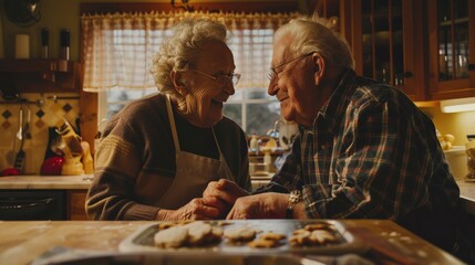 Elderly couple baking cookies together, sharing a laugh in their cozy kitchen