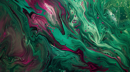 Chaotic mix of emerald green and bold magenta in a highly-textured abstract painting.