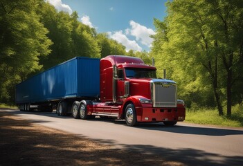 'shiny clean tractor red semi cargo wheel truck white colorful trailer container simple background sky trees blue carrying metal transport style sidelight dropped business deliver'