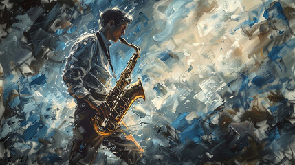 Oil painting of a saxophonist with a stormy sky backdrop, using intense strokes of blue and gray to express deep musical emotion. - obrazy, fototapety, plakaty