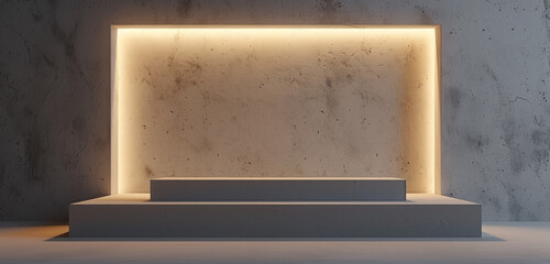 Contemporary ash grey podium with a rectangular display area and ambient backlighting, creating a sophisticated presentation atmosphere. 3D mockup.
