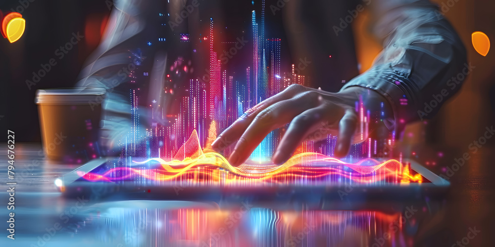Poster concept of data analysis. a person's hand pointing to a tablet screen. the screen displays a hologra