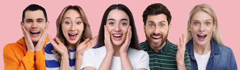 Group of surprised people on pink background, banner design
