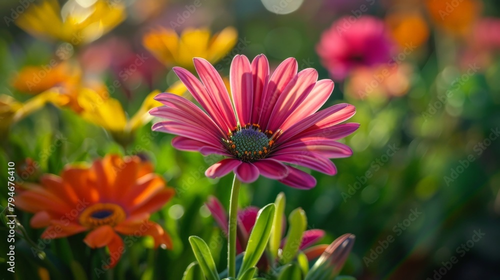 Poster Colorful blooms in green and orange meadow