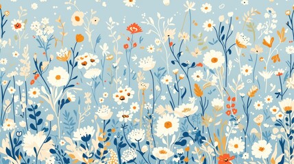 A charming floral pattern featuring a delightful mix of blossoming meadow plants field flowers and daisies This hand drawn botanical background boasts a trendy flat style resemblin