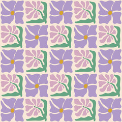 Colorful seamless pattern with lavender flowers. Vintage hippie style background. Geometric checkered print wallpaper, spring natural background with purple flowers. Vector illustration