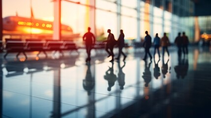 A blurred view of the airport terminal, waiting at the boarding gate before the departure of the traveler's tour
