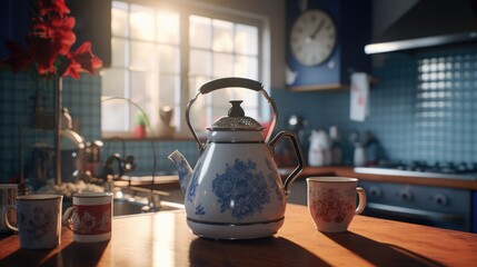 Kitchen with blue boiling kettle in the interior