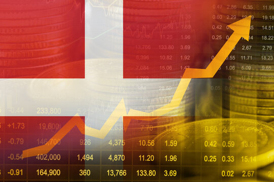 Denmark flag and map with stock market finance, economy trend graph digital technology. - Powered by Adobe