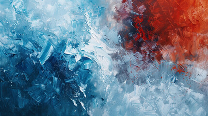 Striking contrast captured in a modern abstract oil painting with a grunge texture, blending icy blue and fiery red.