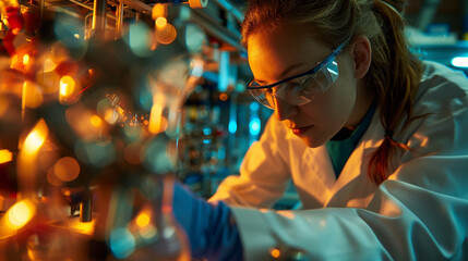 A scientist observing the complex interaction of molecular compounds,